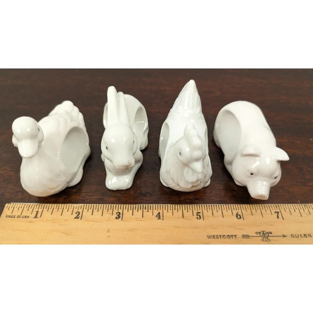 Vintage Set Of 4‎ Porcelain Animal Napkin Rings Rabbit Pig Chicken Duck 1984